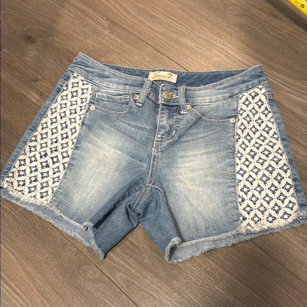 Seven7 Light Blue Jean Shorts with White Lace crochet accents